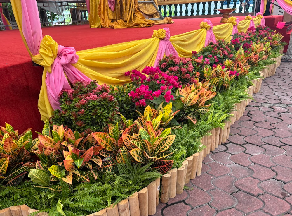 Event stage with bamboo log planters and tropical flowers